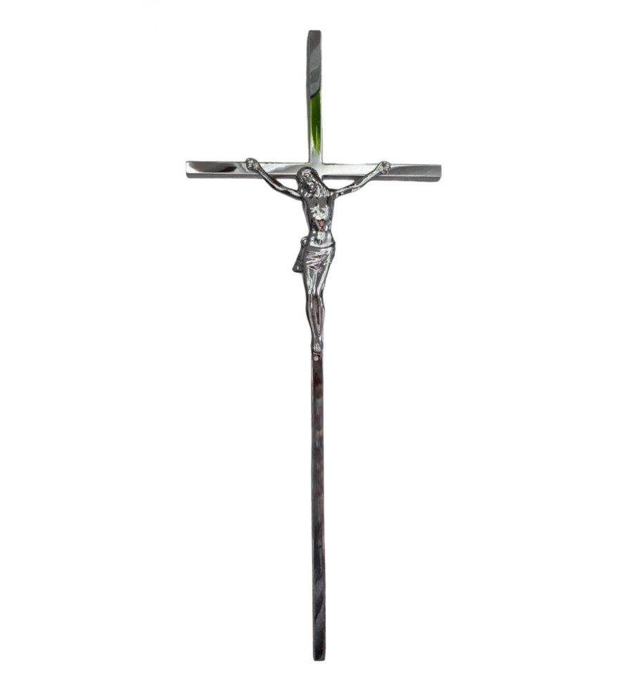 Krzyż wąski, mosiężny chromowany z pasyjką 50cm